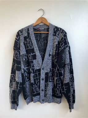 Scandia Men's Black & Gray Patterned Button Vintage Cardigan